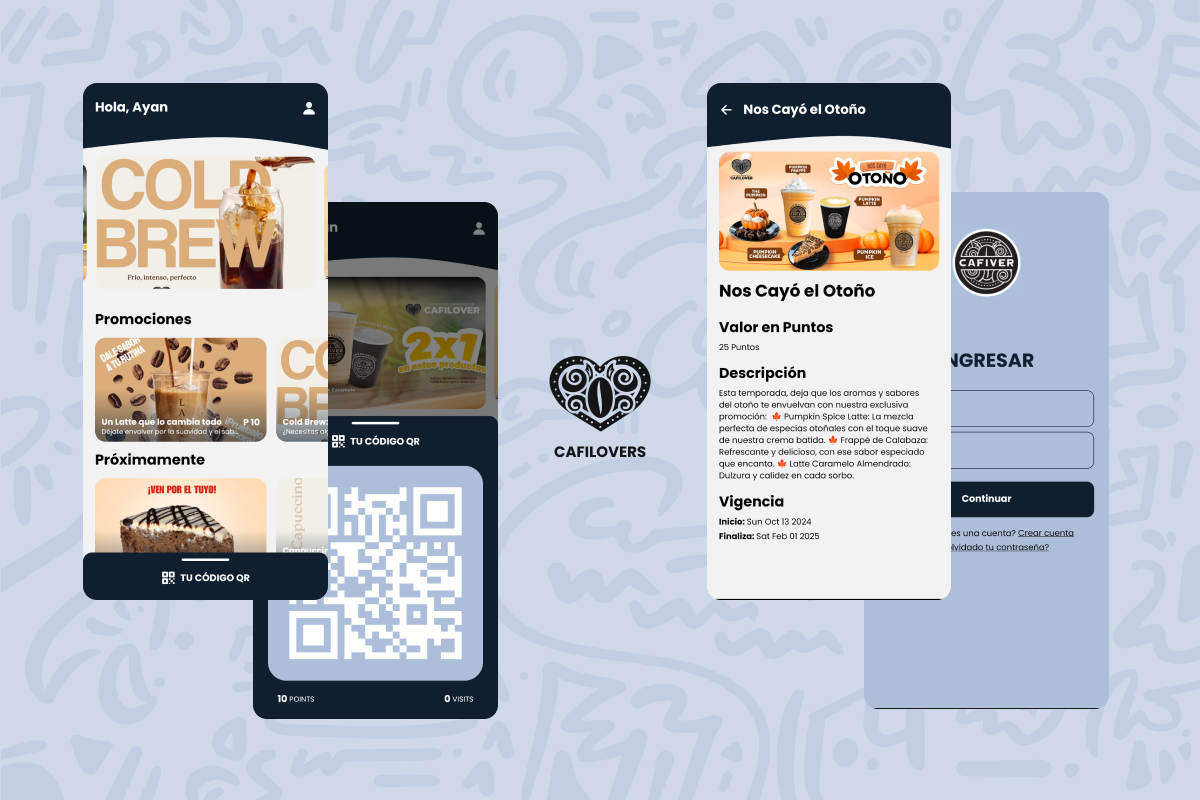 Cafilovers — app screens mockup