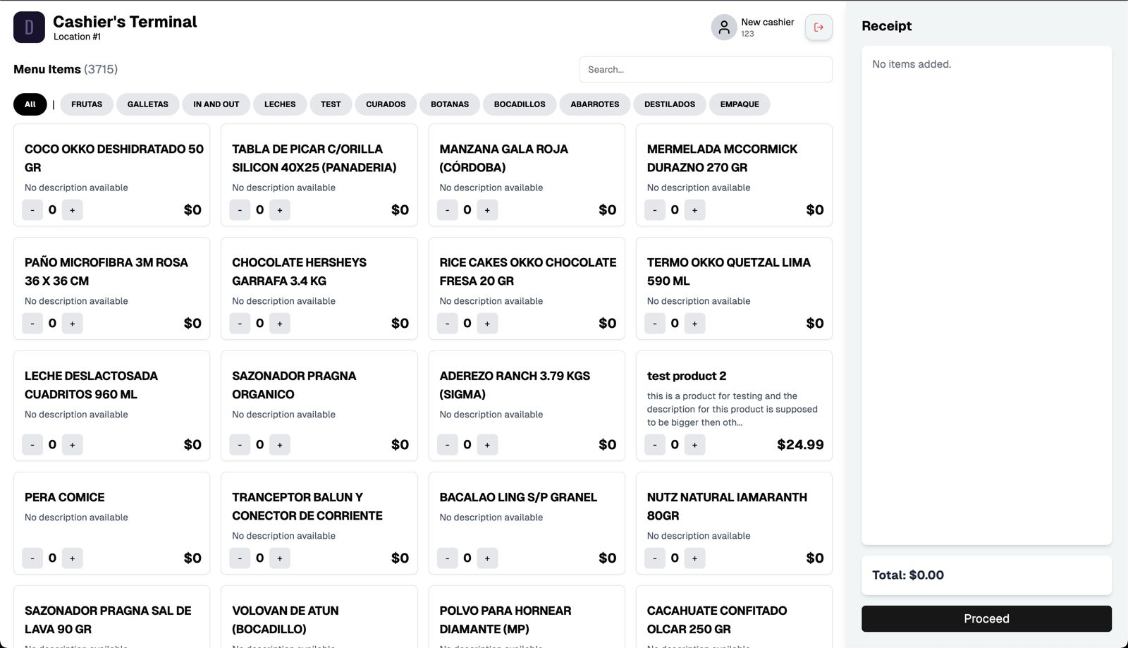 The cashier’s terminal — 3,700+ menu items with category filters, quantities, and a live receipt.