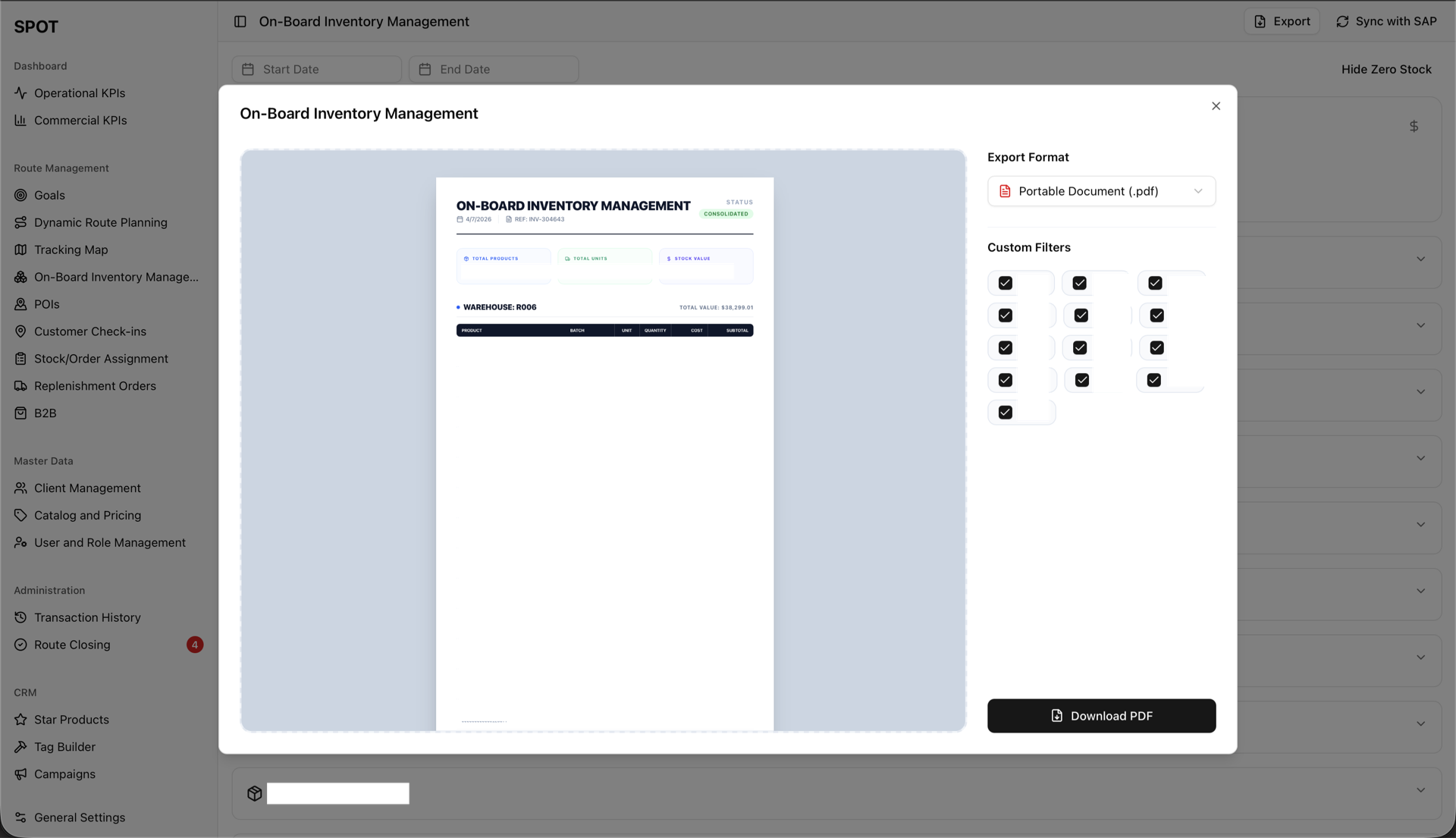 Inventory report export — full stock positions, synchronized with SAP, exported in one click.