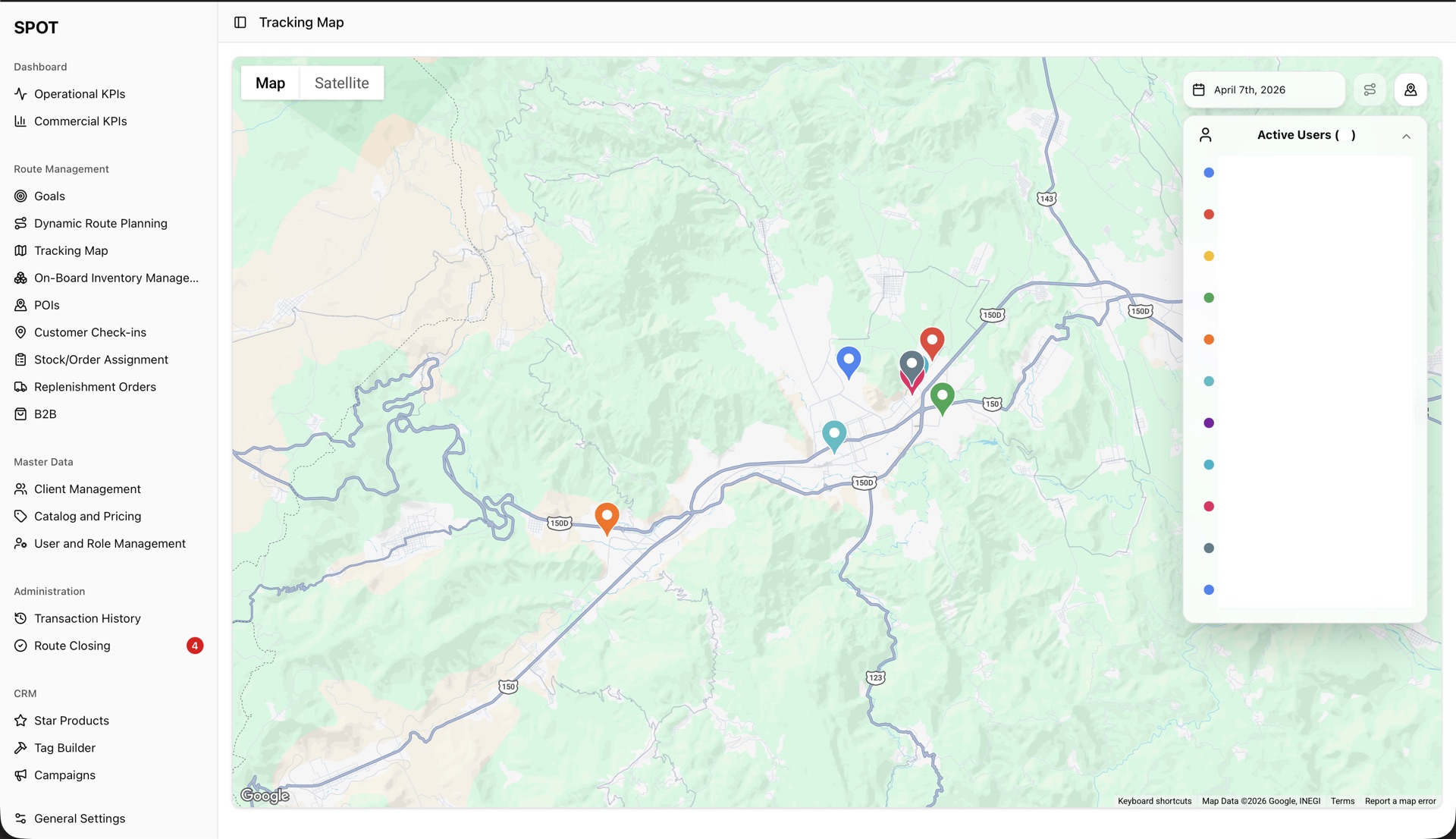 Live tracking map — every active seller’s position along their route, by day.