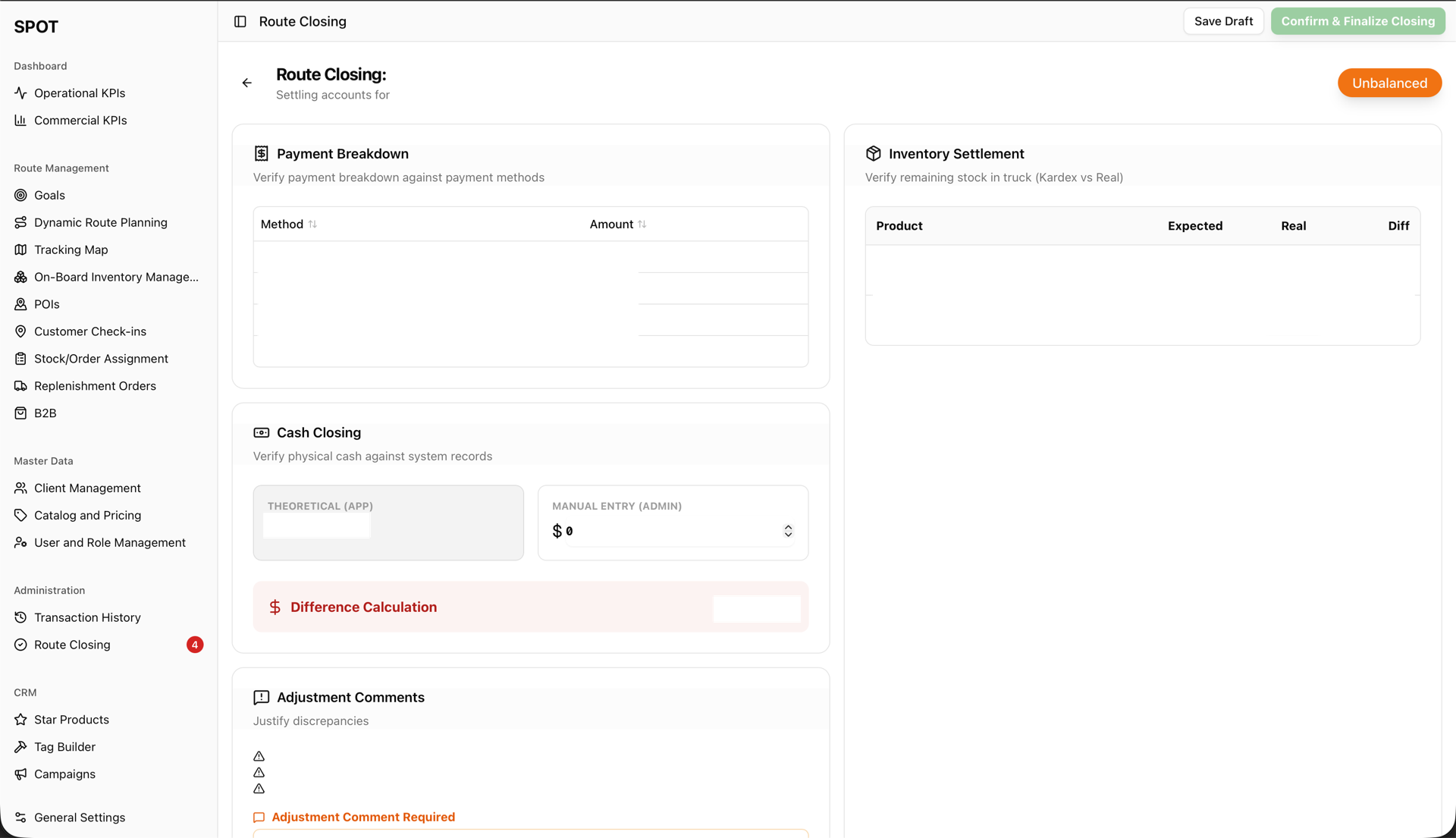 Route closing detail — payment breakdown, physical-cash verification, and truck inventory settlement (expected vs. real) before sign-off.